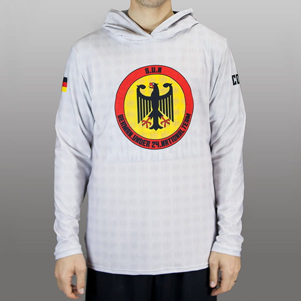 torso of man wearing a grey hoodie