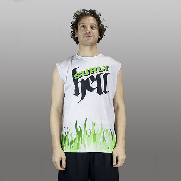 man wearing a grey sleeveless jersey with surly hell writing