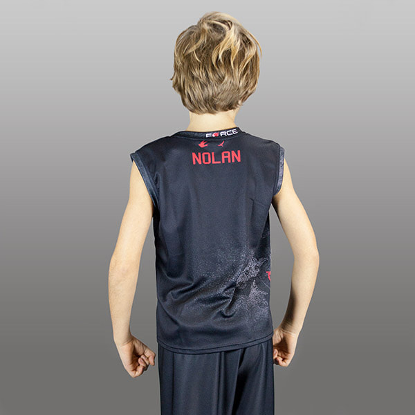 back of kid wearing a black sleeveless jersey