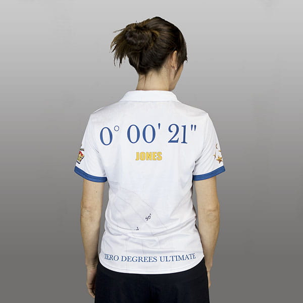 back of woman wearing a white polo shirt