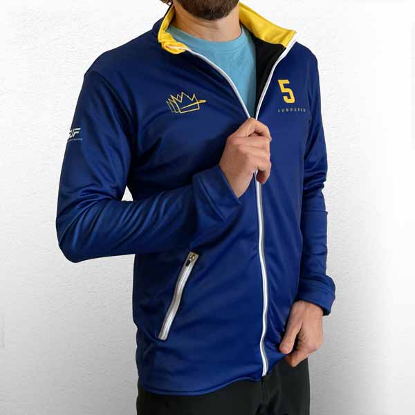 torso of man wearing a fully zipped black sport jacket