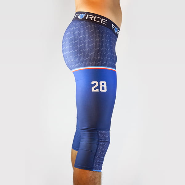 right side view of man legs wearing blue tights with force belt