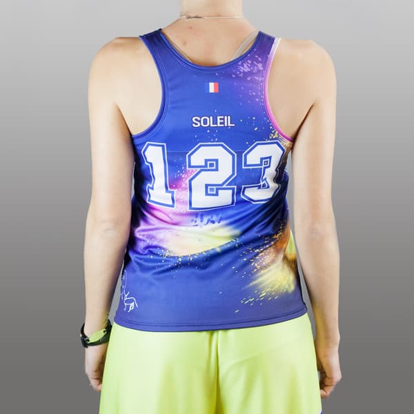 back of woman wearing a blue tank top